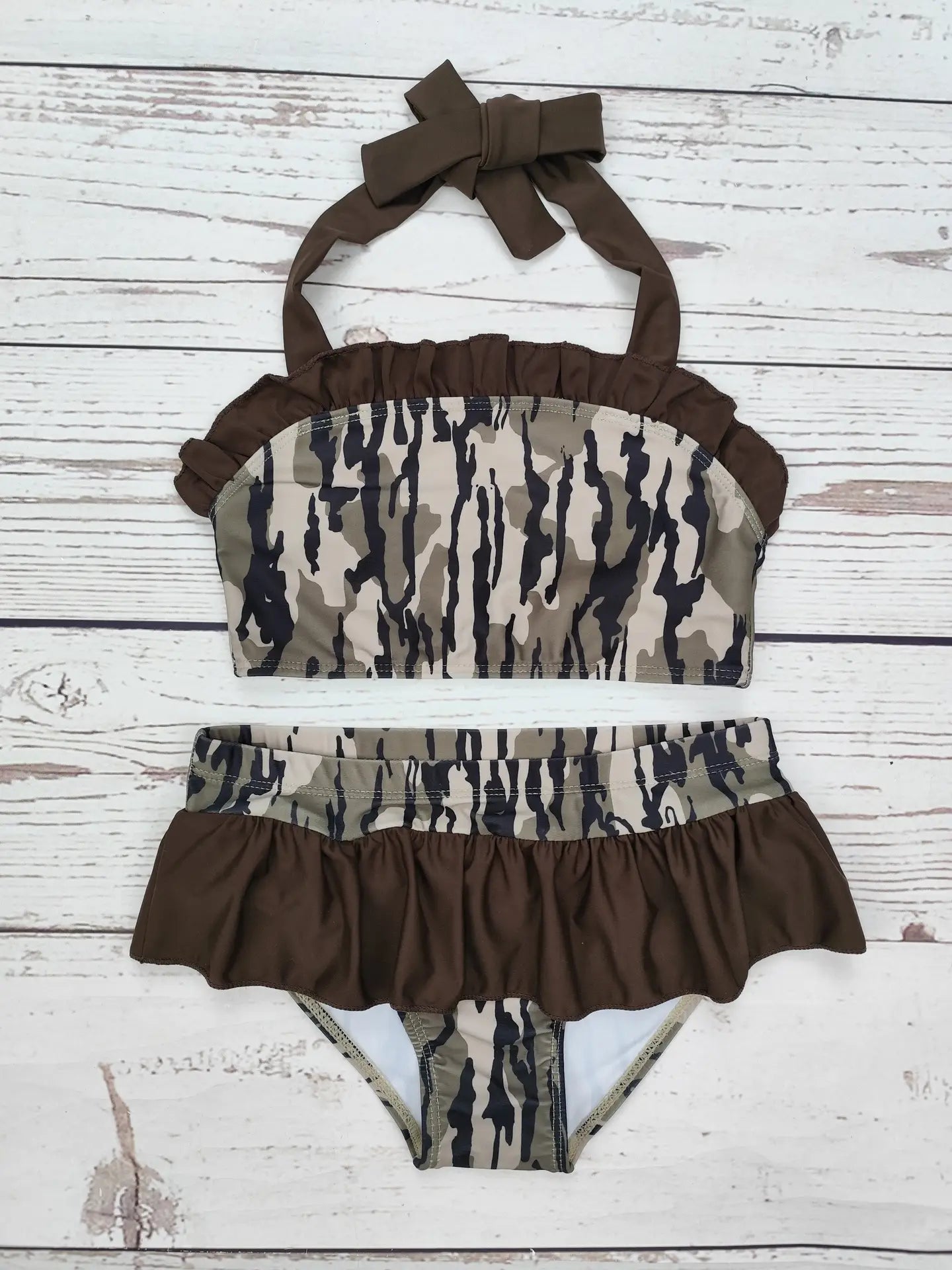 Girls Camouflage Printed Two Piece Ruffle Swimwear