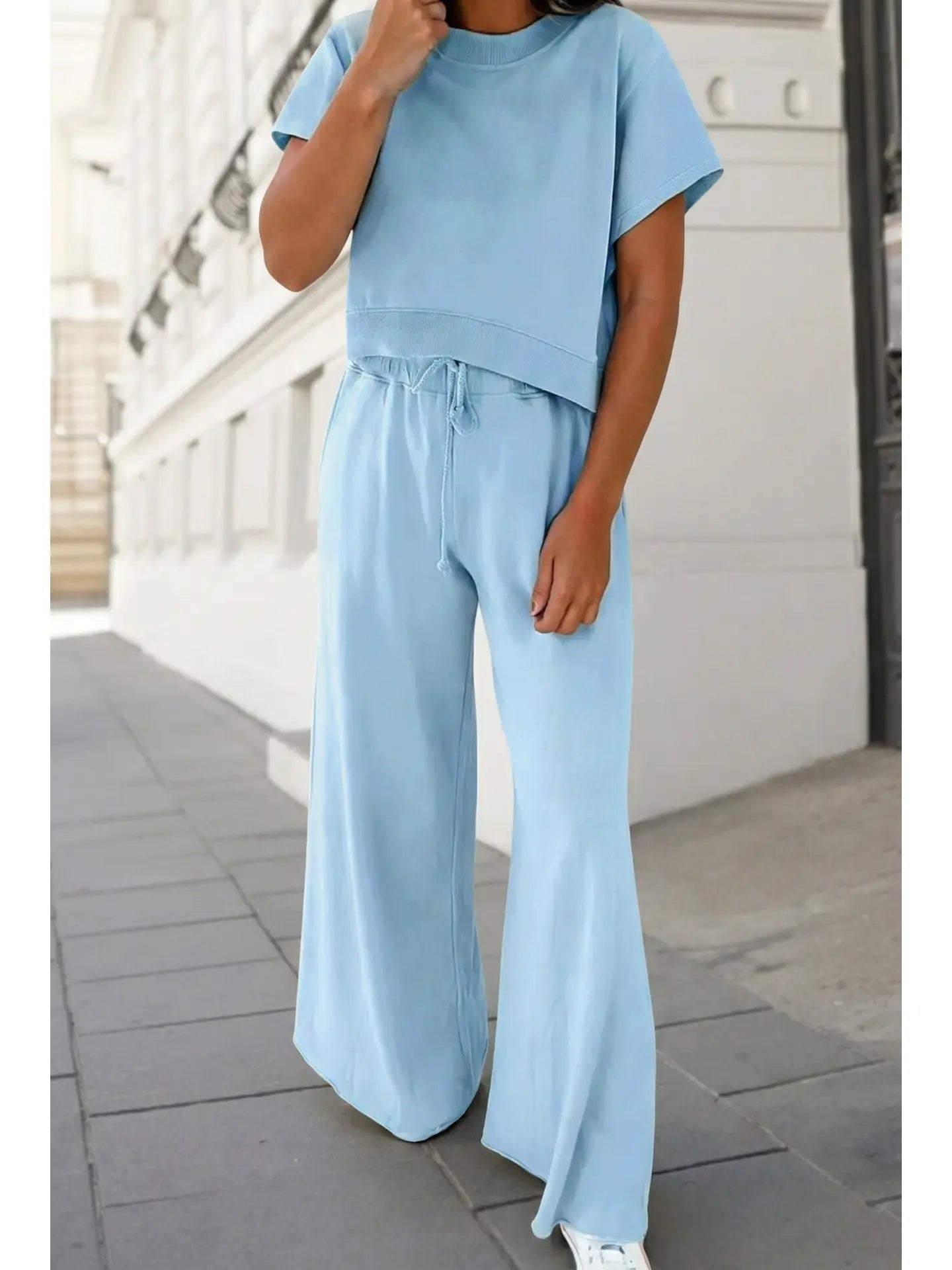 Soft Color Tee & Wide Leg Pants 2pcs Set