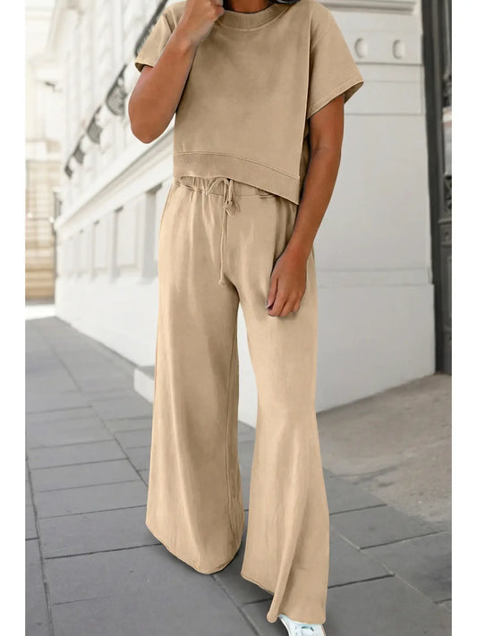 Soft Color Tee & Wide Leg Pants 2pcs Set