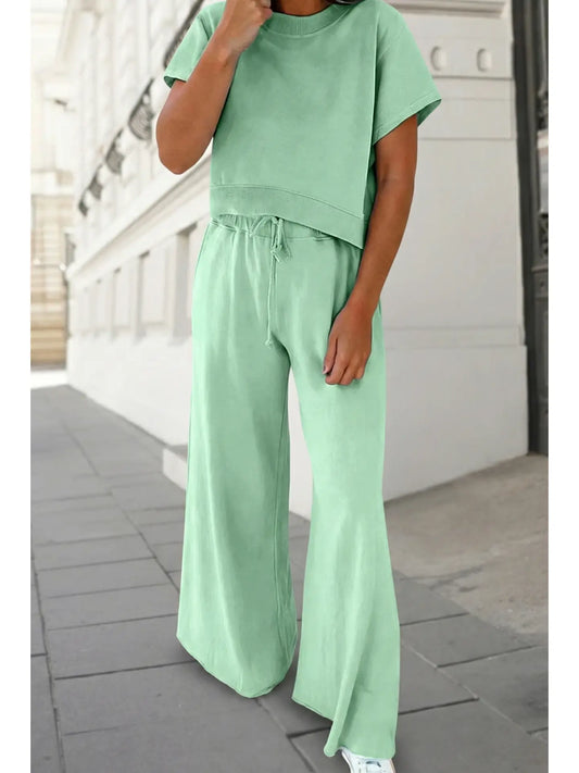 Soft Color Tee & Wide Leg Pants 2pcs Set