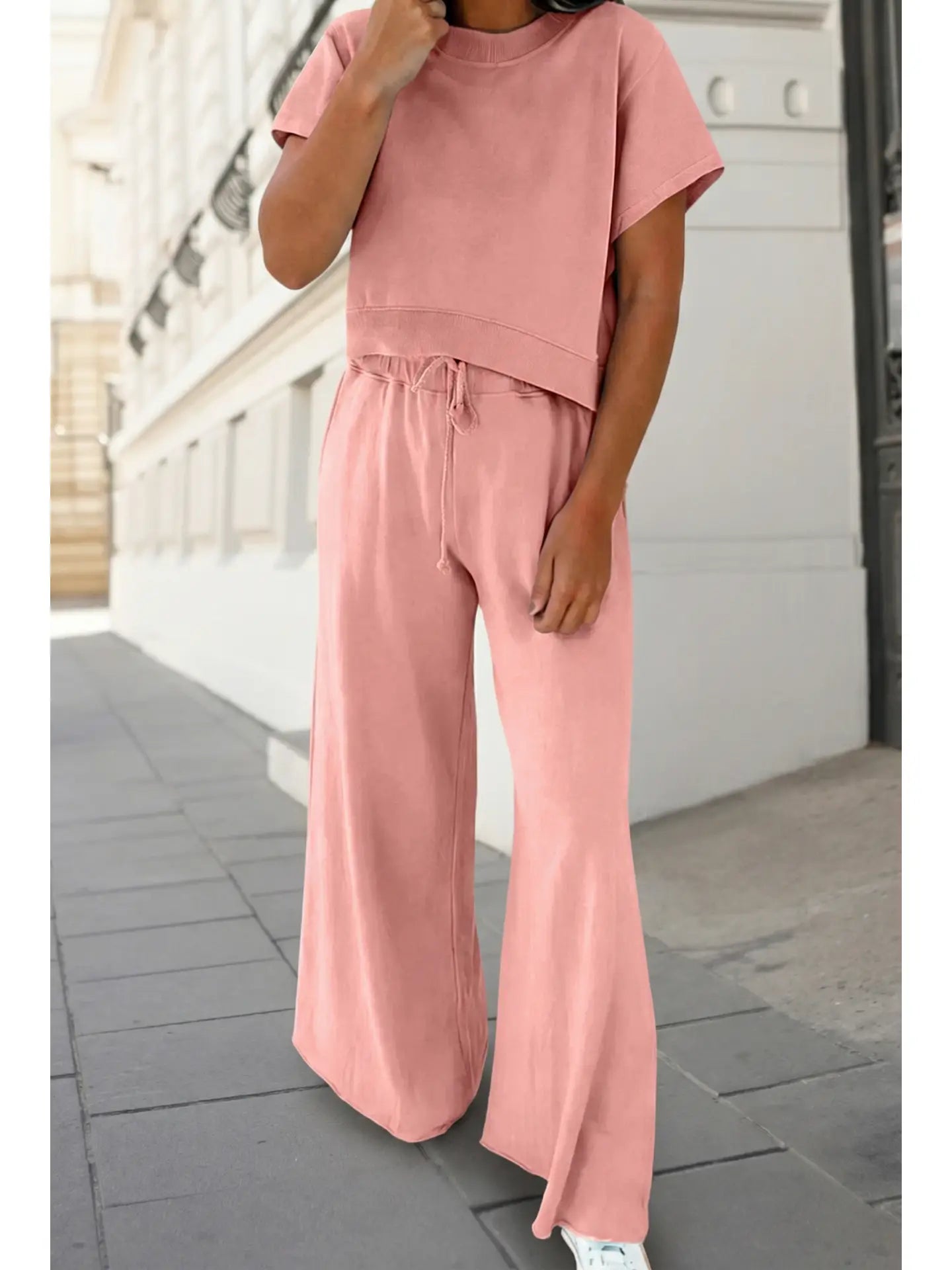 Soft Color Tee & Wide Leg Pants 2pcs Set