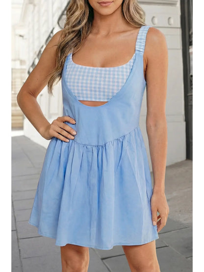 Gingham Contrast Patchwork 2pcs Mini Dress