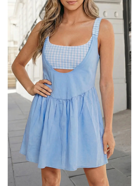 Gingham Contrast Patchwork 2pcs Mini Dress