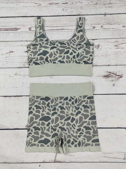Grey Camouflage Printed Seamless Bra Shorts Active Set
